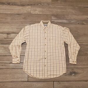 Columbia men's 100% cotton ivory cream brown tan plaid shirt S